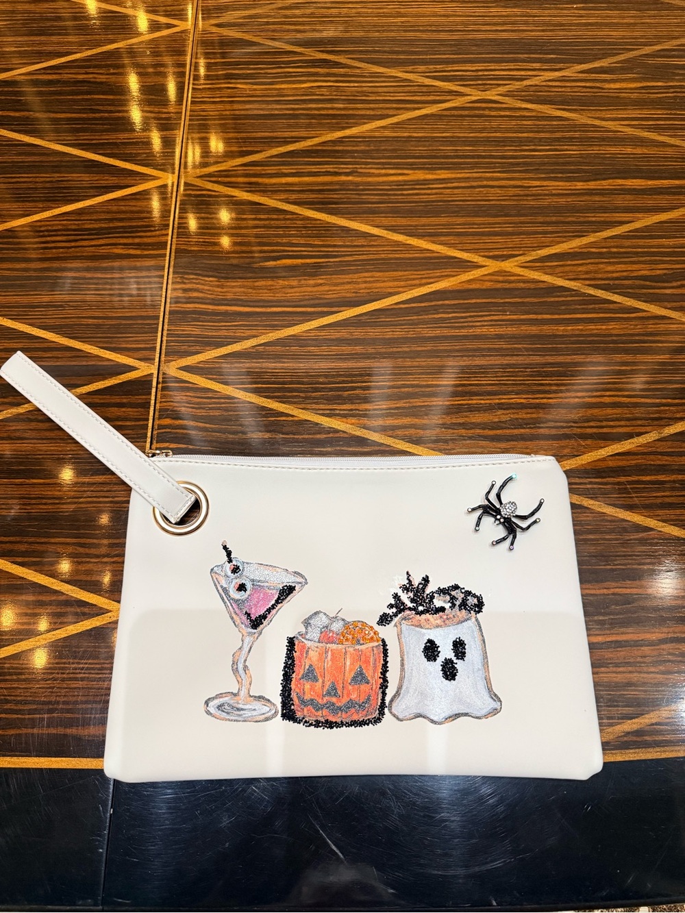 White Halloween Theme Wristlet Clutch with Ghost & Pumpkin